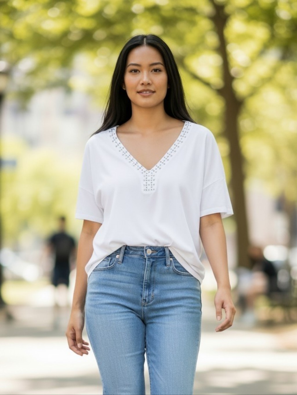 Roamans Plus Size Ivory Short Sleeve Top With Rhinestone Neckline